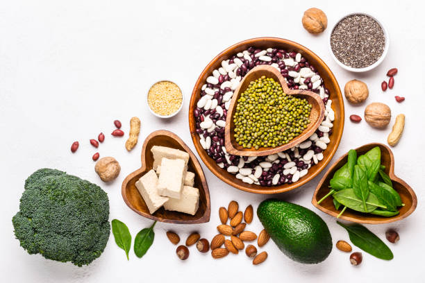 Beans, nuts and avocados. Sources of Vegetable Protein for Vegan Food.